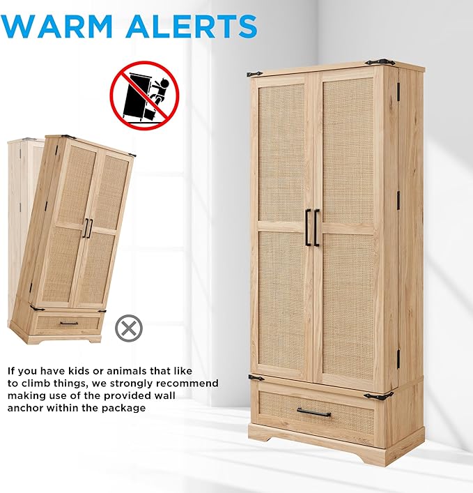 72" Tall Rattan Kitchen Pantry Cabinet with Drawer, Boho Storage Cabinet with 2 Rattan Doors and Shelves, Versatile Large Cabinet for Dining Room, Bathroom, Living Room, Laudry, Natural Oak-CasaMuseHome