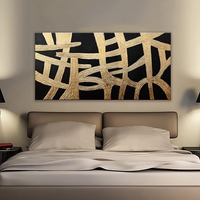 Abstract Wall Art Paintings Canvas Wall Art Decor Black And Gold Lines Artwork for Walls Texture Wall Decorations Modern Minimalist Wall Art Living Room Decor For Room Bedroom Office Wall Decor 24"X48"-CasaMuseHome