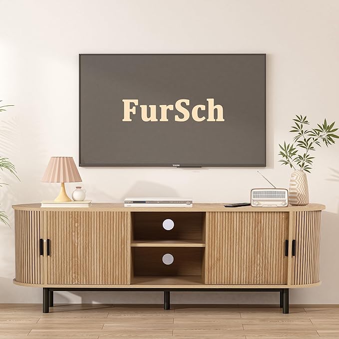 62" Tambour Door TV Stand,Wood Mid Century Modern TV Cabinet for Up to 75“ TV,Curved Edge Long TV Stand with Storage for Bedroom Living Room (Natural, 62.2inch)-CasaMuseHome