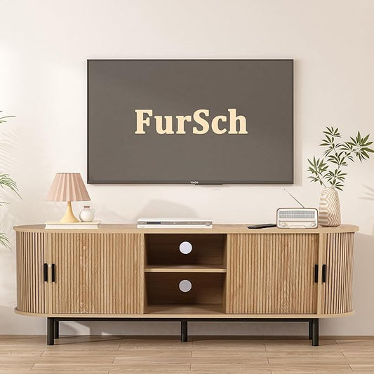 62" Tambour Door TV Stand,Wood Mid Century Modern TV Cabinet for Up to 75“ TV,Curved Edge Long TV Stand with Storage for Bedroom Living Room (Natural, 62.2inch)-CasaMuseHome