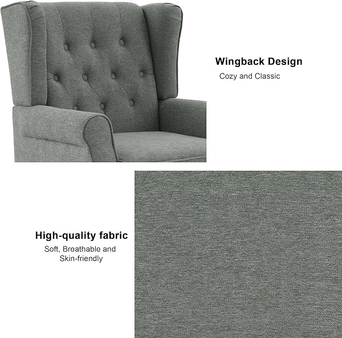 Accent Chair, Upholstered Armchair with Button Tufted High Back & Solid Wood Legs, Comfy Wingback Reading Single Sofa Chair for Small Spaces, Living Room, Bedroom (Grey, Set of 2)-CasaMuseHome