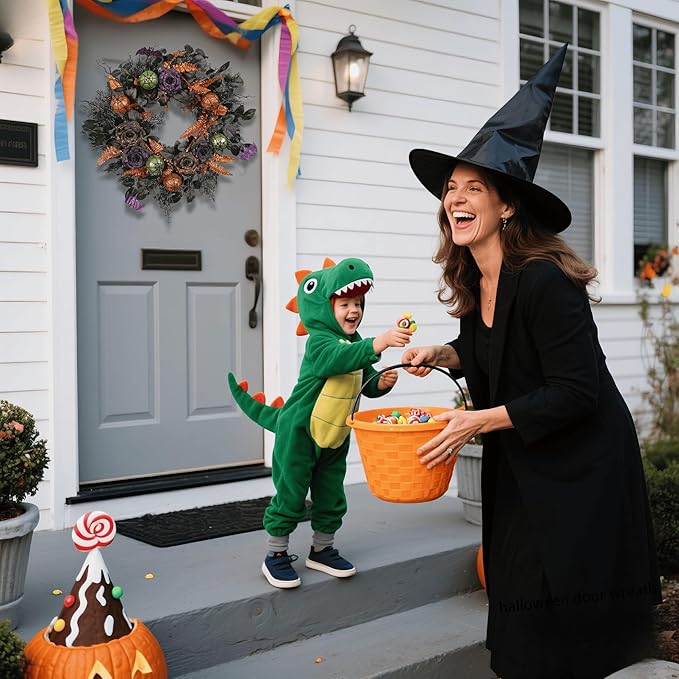 22 Inch Halloween Wreath for Front Door, Spooky Black & Purple Glitter Rose Wreath with Bats & Ornaments, Outdoor Halloween Decorations-CasaMuseHome