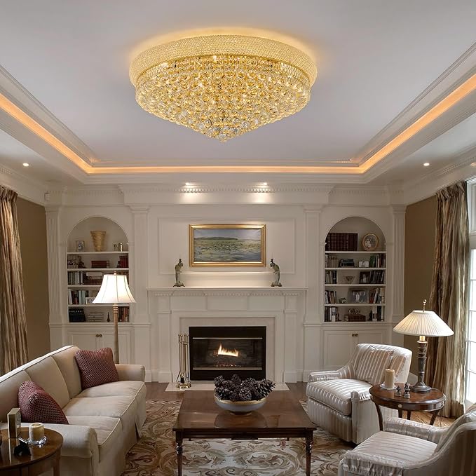18-Light 32 inch Large Crystal Chandelier Flush Mount Ceiling Light Fixture for Living Room Dining Room Bedroom Foyer Entryway Gold Finish-CasaMuseHome
