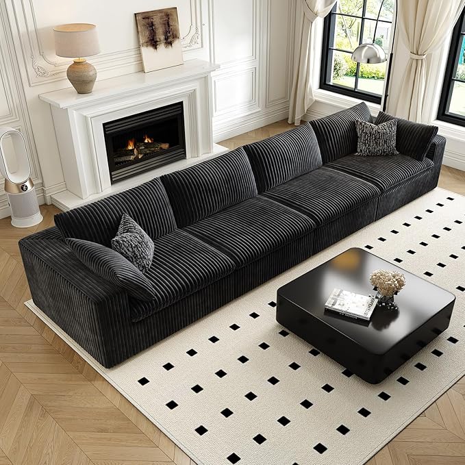 157.5" Cloud Couch Modular Sectional Sofa for Living Room,Modern Sofa with Deep Seat，4 Seater Boneless Couch,Comfy Upholstered Corduroy Couches for Apartment, Studio, Office,Bedroom，Black-CasaMuseHome