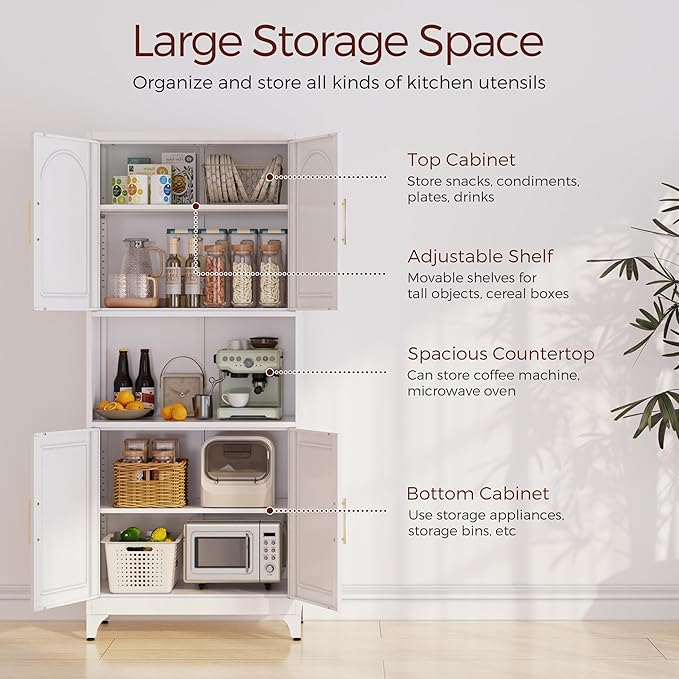 75" Tall Kitchen Pantry Storage Cabinet, Metal Storage Cabinets with 4 Doors and Adjustable Shelves，White Kitchen Hutch Cabinet with Microwave Stand, Large Cupboard for Dining Living Room-CasaMuseHome