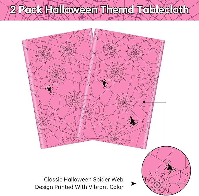 2 Pcs Halloween Tablecloth - Plastic Halloweens Spider Webs Table Cloth, Pink Disposable Rectangle Spiderweb Table Cover for Halloween Party Decorations Supplies Favors Tables Decor, 108 x 54 Inch-CasaMuseHome