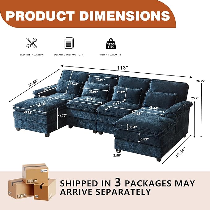 113" Oversized Cloud Couch, U Shape Sectional 4 Seat Sofa with Double Chaises, 2 Layer Cusions, Deep Seat Comfy Sofa, Upholstery Chenille Fabric for Living Room, Blue-CasaMuseHome
