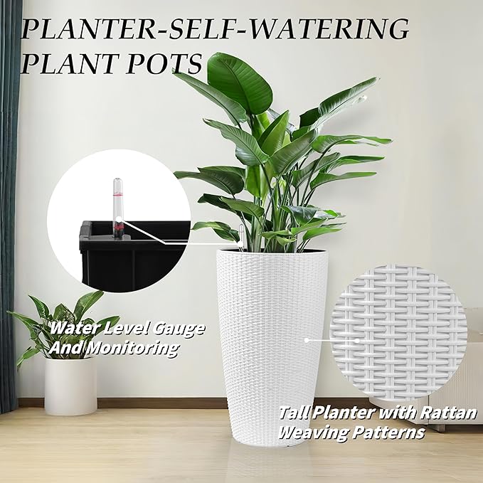 2Pack 22" High Modern Plant Pots Planter-Self-Watering Indoor/Outdoor Planting with Drain Holes, Water Level Monitor, Inner Bucket for Front Porch Patio, White Rattan Conical-CasaMuseHome