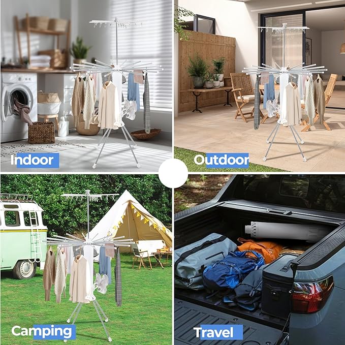 3 Tier Portable Clothes Drying Rackwith 4 Pulleys,Indoor and Outdoor Collapsible Rack Clothing with Shoe Drying Rack for Space Saving-CasaMuseHome