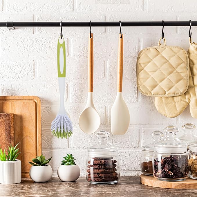 8 Pcs Dish Brush with Handle Kitchen Scrub Brush Pot and Pan Cleaning Brush Dish Scrubber with Stiff PET Bristles for Cookware Sink Washing Household, Green, 11 x 3.1 x 0.98 Inch-CasaMuseHome