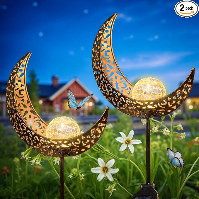 2Pack Moon Garden Solar Lights Outdoor Stakes Waterproof, Gifts for Mom, Crackle Glass Patio, Backyard Decorations, Balcony Lawn Ornaments, for Women Men Grandma (Bronze)-CasaMuseHome