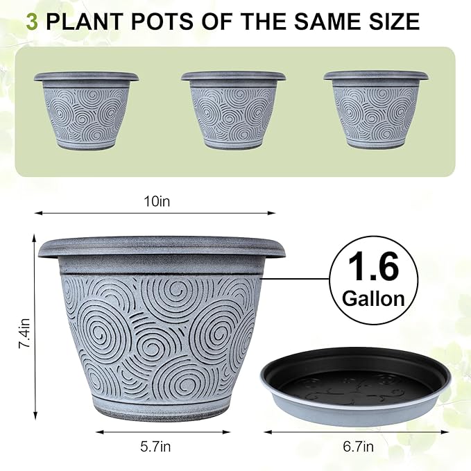 10 Inch Flower Pots Planters for Indoor Outdoor Plants, 3 Pack Plastic Large Plant Pots with Drainage Hole & Tray, Modern Decorative Garden Pot with Saucer, Plant Container for House-CasaMuseHome