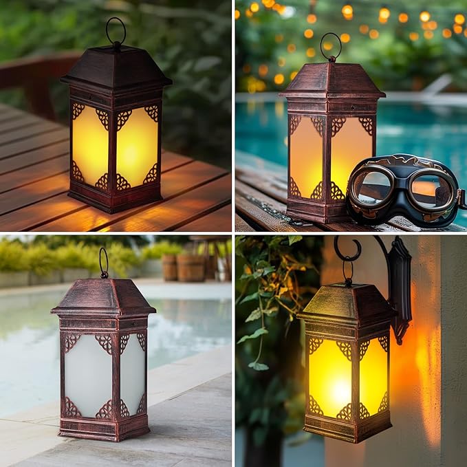 14" Solar Lanterns Outdoor Waterproof, Glass Flickering Flame Solar Lantern, Hanging Metal Lantern Decorative for Patio Front Porch Garden Backyard Tabletop Party Decoration-CasaMuseHome