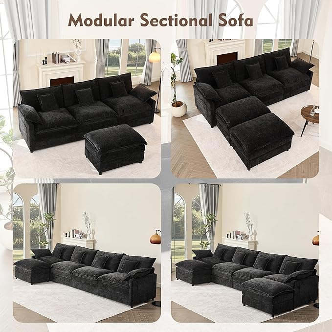 108" U Shaped Couch, Modular Sectional Sofa, 3-Seater Comfy Cloud Couch with Movable Ottoman, Deep Seat Couches for Living Room, Chenille, Black-CasaMuseHome