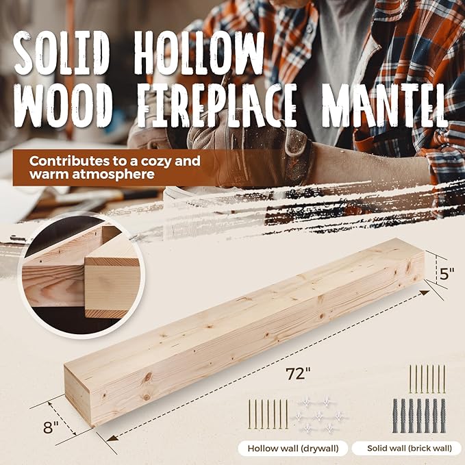 72x8x5 Fireplace Mantel - Handcrafted Hollow Rustic Solid Wood Wall Mounted Floating Shelf with Invisible Heavy Duty Wood Bracket (DIY Color)-CasaMuseHome