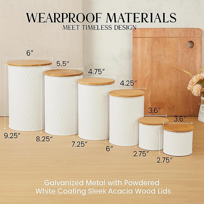 6 Canister Set for the Kitchen Countertop – Metal Food Storage Canisters with Airtight Lids for Flour, Tea, Crafts, Coffee, & Sugar – Container Set with Modern Wood Lids, White-CasaMuseHome