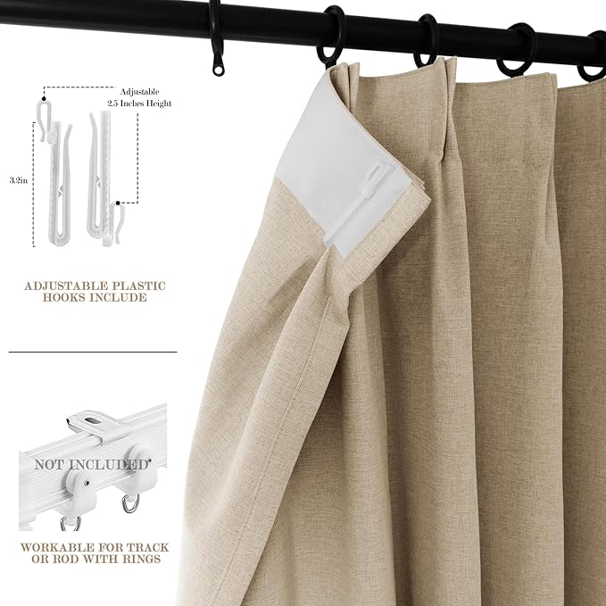 70" W x 108" L Faux Linen Room Divider Curtains, Full Blackout Pinch Pleated Drapes for Traverse Rod, Bedroom Divider Privacy Drapery with Hooks for Ceiling Track, 1 Panel, Sand Beige-CasaMuseHome