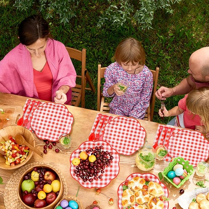 350 Pcs Red Gingham Plates and Napkins Party Supplies - Red and White Checkered Plates Sets Serve 50 Guests - Scalloped Gingham Paper Plate for Birthday Picnic Wedding Christmas Party Decorations-CasaMuseHome