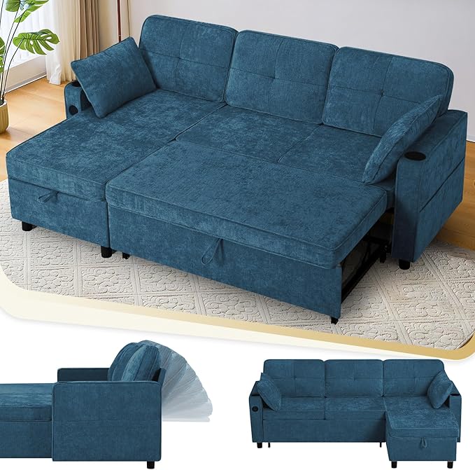 84 Inches Chenille Sectional Sofa w/Pull-Out Sofa Bed & Adjustable Back, Tufted L-Shaped Couch w/Storage Chaise, Sleeper Sectional Sofa w/USB Port & Cup Holders for Living Room, Blue-CasaMuseHome