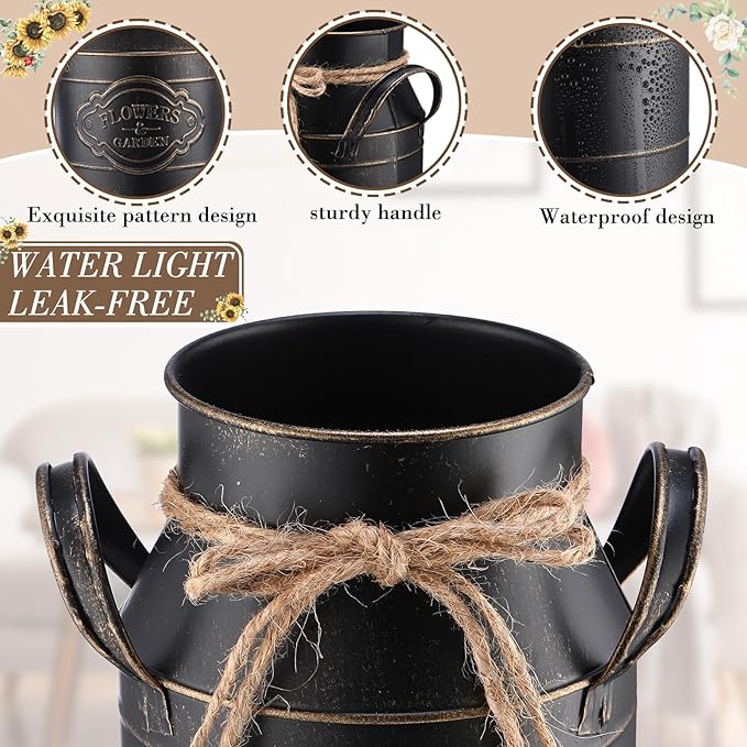 6 Inch Farmhouse Vase Decor Milk Can Vintage Flower Jug Galvanized Metal Vase with Handle Rustic Flower Buckets for Thanksgiving Christmas Table Centerpiece Weddings Gifts(Black,8 Pcs)-CasaMuseHome