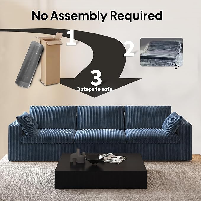 118" 3-Seater Cloud Sofa,Modular Sectional Couch,Modern Deep Seat Upholstered Couches with Plush Corduroy Fabric for Living Room Furniture,Bedroom and Apartment,No Assembly Required,Blue-CasaMuseHome