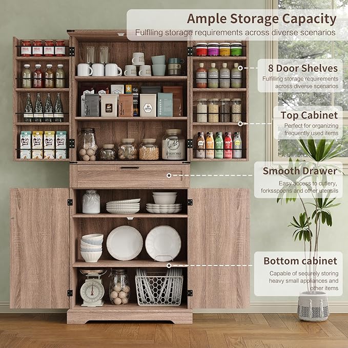 72'' Kitchen Storage Pantry Cabinet, Tall Storage Cabinet with 8 Door Shelves, 2 Cabinets and 1 Drawer, Freestanding Cupboard for Kitchen, Dining Room, Bathroom, Laundry, Living Room, Espresso-CasaMuseHome