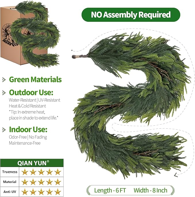 6FT Artificial Norfolk Pine Garland 2 Pack – Dense Green Christmas Garland, Real Touch Holiday Greenery for Front Door, Fireplace Mantel, Staircase, Indoor Outdoor Home Decoration-CasaMuseHome