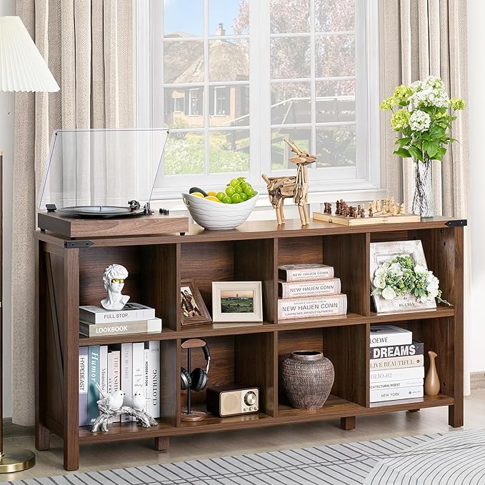 8 Cube Book Shelf, Farmhouse Wood Long Storage Organizer Bookcase, 62" Horizontal Brown Walnut Console Closet Bookshelf, Hallway TV Stand for Entryway, Display Cabinet Book Case for Office-CasaMuseHome