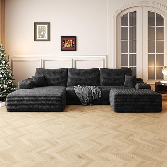 108" Sectional Couches for Living Room Modern Modular Sofa with L-Shape Couchs Upholstered Boneless Couch Deep Seat Sectional Couch with Chaise (Black, Left Facing Chaise+2Seaters+1Ottoman)-CasaMuseHome