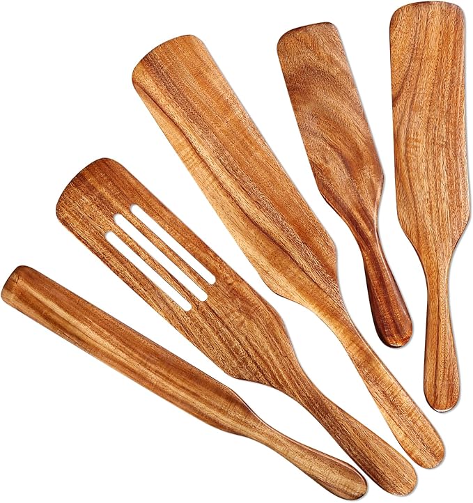 5 Pcs Wooden Spurtle Set, Natural Teak Kitchen Utensil Set Heat Resistant Non-Stick Wooden Spoons Tools for Cooking, Stirring, Mixing, Serving, Spurtles Kitchen Tools As Seen On TV-CasaMuseHome