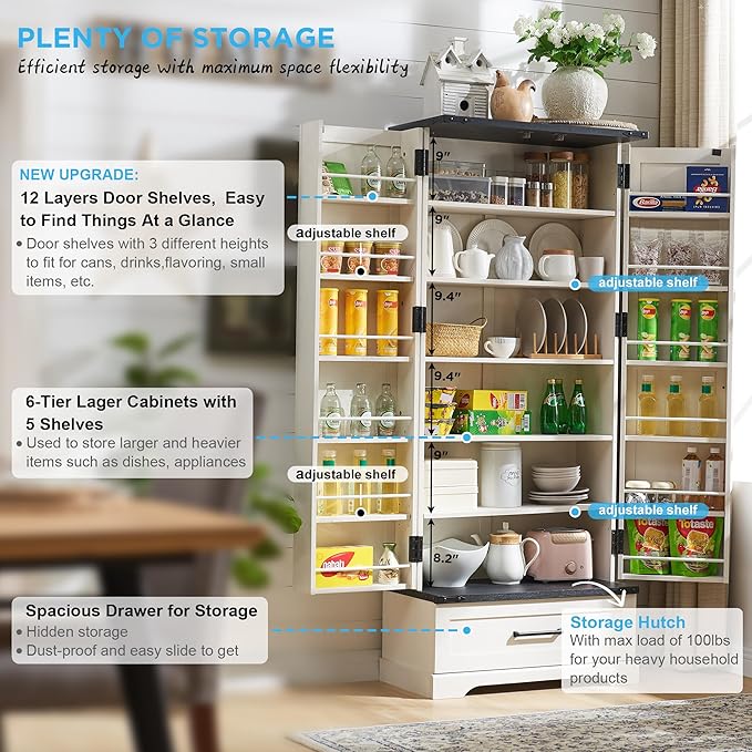 72" Farmhouse Kitchen Pantry Cabinet with Drawer, Tall Storage Cabinet with 2 Barn Doors and Shelves, Versatile Large Rustic Cupboard for Dining Room, Bathroom, Living Room, Laudry, White-CasaMuseHome