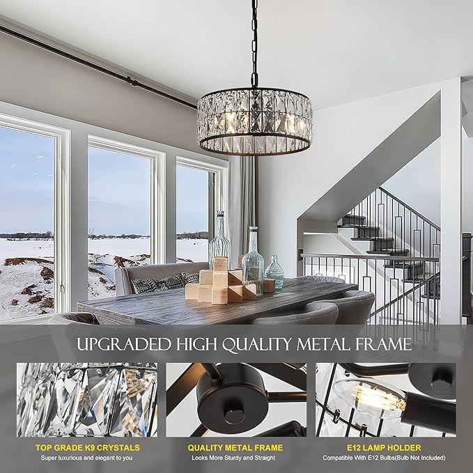 12” 3-Light Modern Crystal Chandeliers Black Dinning Room Light Fixture, Round Pendant Light Kitchen Island Chandelier, Flush Mount Ceiling Light for Living Room Entryway Bedroom Foyer-CasaMuseHome