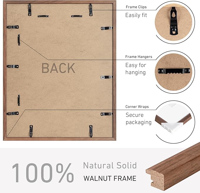 16x20 Picture Frame Set of 4 Natural Solid Walnut Photo Frames with 11x14 Removable Mat Wall Hanging Large Handcrafted Frame with HD Plexiglass Wall and Tabletop Display Large Poster Frame-CasaMuseHome