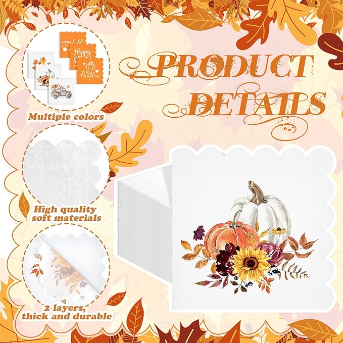 150 Pcs 5 x 5 Inches Fall Thanksgiving Paper Napkins Autumn Pumpkin Scalloped Cocktail Napkins for Decoupage Disposable Autumn Harvest Party Supply Bathroom Table Dessert Dinner Wedding Decor-CasaMuseHome