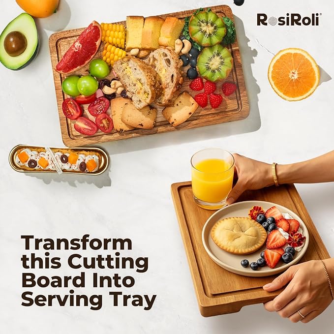 Acacia Wood Cutting Board for Kitchen - 0.8 inch Thick Wood Charcuterie Cheese Board with Side Handles and Juice Grooves, Wooden Chopping Block for Meat and Veggies, 11.5x7 inch-CasaMuseHome