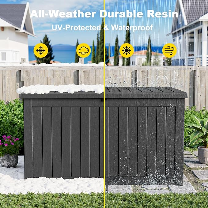 230 Gallon Outdoor Deck Box,Storage Lockable Waterproof Patio Furniture,Garden Tools,Cushions,Pool Accessories Outside Storage Resin Box(Black)-CasaMuseHome
