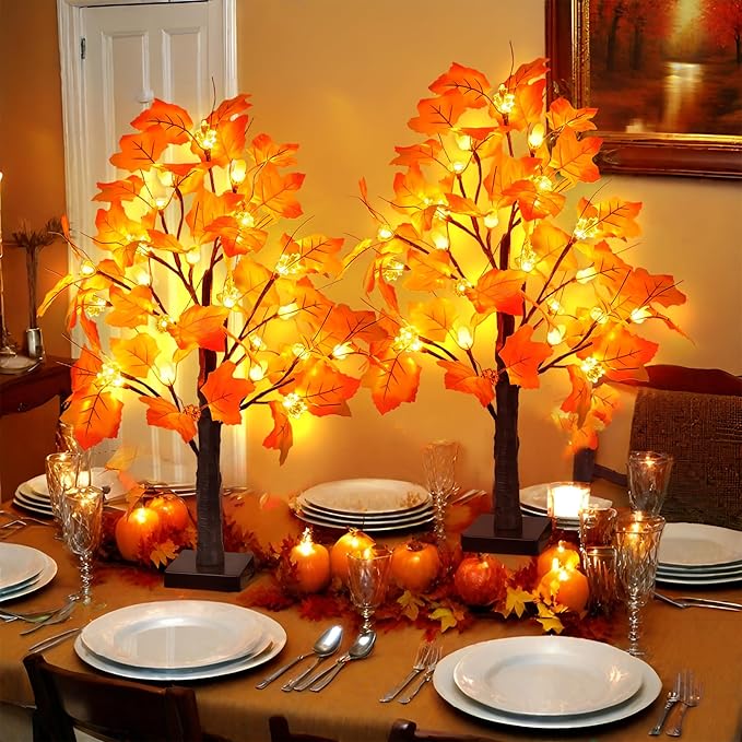 2 Pack 24 Inch Prelit Fall Maple Tree Fall Decor with 48 LED Timer Battery Operated Artificial Fall Light Up Tree Pumpkin Maple Acorn for Fall Thanksgiving Decorations Table Home Indoor Autumn Harvest-CasaMuseHome