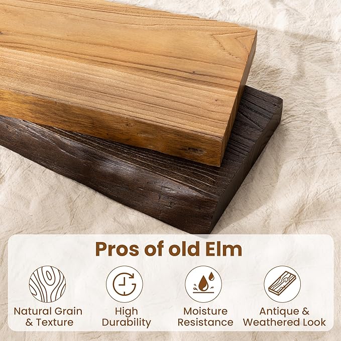 55" Floating Shelves, Live Edge Elm Wood Floating Shelf for Wall, Wall-Mounted Display Shelves with Invisible Heavy-Duty Bracket, Long Floating Shelf for Bathroom, Kitchen, Living Room, Natural Color-CasaMuseHome