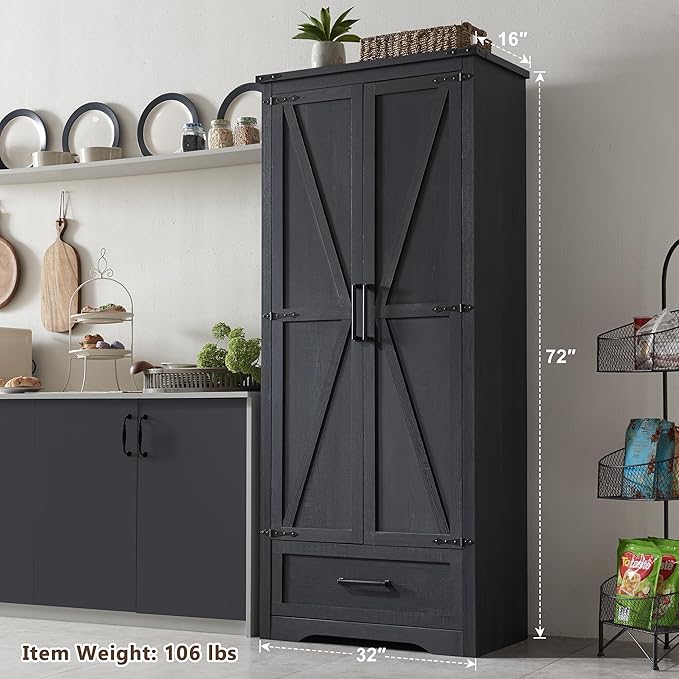 72" Tall Wood Storage Cabinet, Farmhouse Kitchen Pantry Cabinet with Adjustable Shelves & Drawer & Barn Doors, Versatile Storage for Kitchen, Dining Room, Bathroom, Black-CasaMuseHome