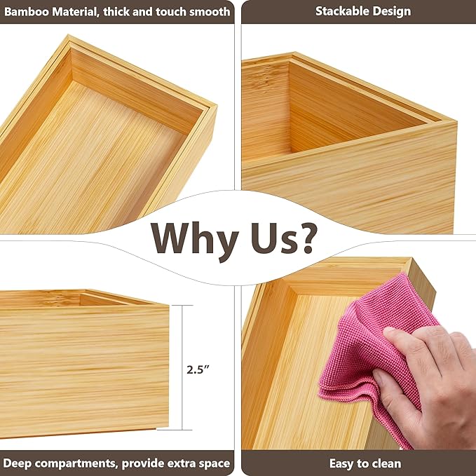 Kitchen Drawer Organizer Bins, Stackable Bamboo Drawer Organizer for Silverware, Flatware, Deep Office Desk Drawer Organizer Tray, Desktop Pen, Office Organization 9" x 6" x 2.5" (Set of 2)-CasaMuseHome