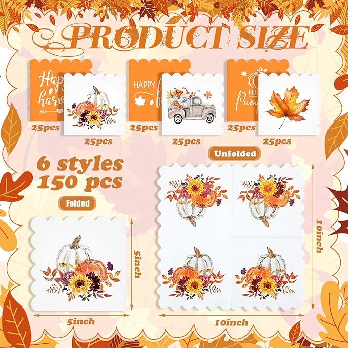 150 Pcs 5 x 5 Inches Fall Thanksgiving Paper Napkins Autumn Pumpkin Scalloped Cocktail Napkins for Decoupage Disposable Autumn Harvest Party Supply Bathroom Table Dessert Dinner Wedding Decor-CasaMuseHome
