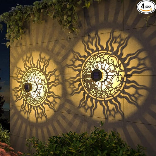 4 Pack Solar Fence Lights Metal Solar Powered Outdoor Wall Deck Lights Sun Moon Theme Waterproof Fence Light for Garden Post Patio Backyard Yard Decor (Face, 4 Pack)-CasaMuseHome