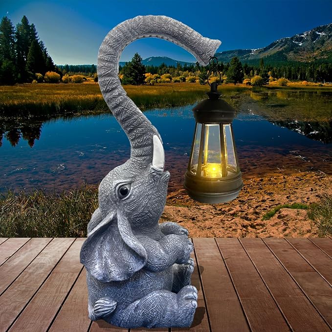 10.6 Inch Statue Elephant with Solar Outdoor Lights for Garden Decor，Lucky Present with Appeal for Birthdays(Man and Women and Family)，Unique Housewarming Presents and Yard Decor. (Gray)-CasaMuseHome