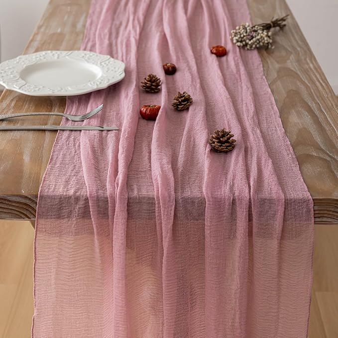 3pcs Cheesecloth Table Runner Dusty Rose Gauze 120 Inch 10 FT Rustic Boho Cheese Cloth Runner for Wedding Baby Shower Bridal Shower Party Long Sheer Centerpiece Fall Home Decoration-CasaMuseHome