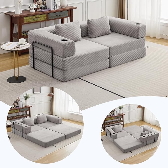 78" W Loveseat Sofa, 4 in 1 Convertible Floor Sofa Bed, Boneless Cloud Couch with Cup Holder, Fold Out Floor Couch, Loveseat Recliner Sleeper for Living Room Bedroom Lounge(Corduroy, White)-CasaMuseHome