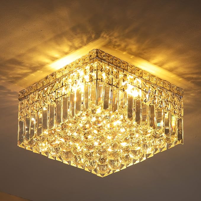 4-Lights Modern Flush Mount Ceiling Light Fixtures,Elegant Crystal Chandelier Pendant Ceiling Lamp for Bedroom,Living Room,Dining Room,Hallway H5.9 x W13.7 x L13.7 (Bulbs Not Included) Square-CasaMuseHome