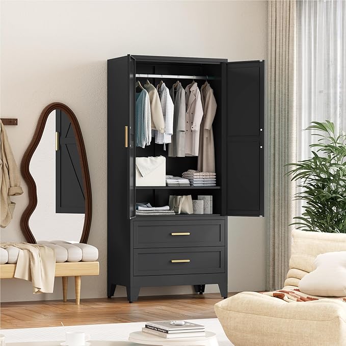 71'' Farmhouse Metal Wardrobe Cabinet with Hanging Rod, 2 Barn Door Wardrobe Closet with Adjustable Shelves,2 Drawer,for Dining Room,Bedroom,Living Room, Cloak Room,Office (Black)-CasaMuseHome