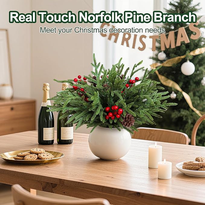 24 Pcs Christmas Norfolk Pine Stems, Realistic DIY Artificial Pine Branches for Christmas Decorations-CasaMuseHome