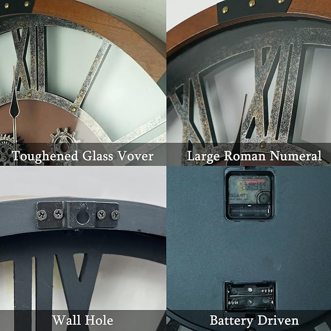 24 Inch Moving Gear Wall Clock, Oversized Wall Clocks, Clock Living Room Decor, Solid Wood Frame, Battery Operated, Large Wall Clock with Steampunk Industrial for Fireplace(Machilus)-CasaMuseHome