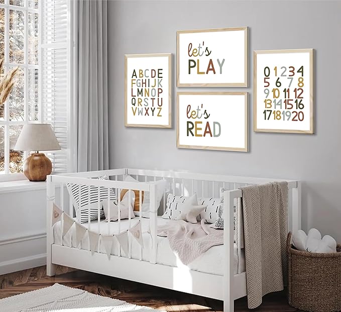 4 Pcs Boho Playroom Canvas Wall Art Nursery Toddler Educational Let's Read Let's Play Painting Pictures Wall Decor Posters Print Artwork for Girl Boy Childs Room Classroom Home Decoration Unframed-CasaMuseHome